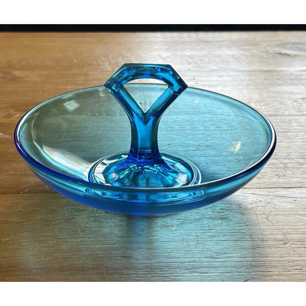 Vintage Blue Glass Candy Dish Pedestal Bowl MCM Teal Handle Serving Dish